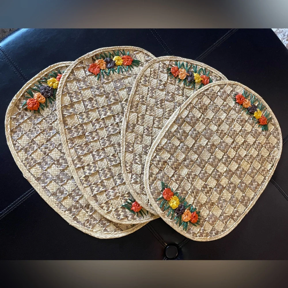 4 Large Rattan Wicker oval placemats‎ floral flower boho flowers table mats